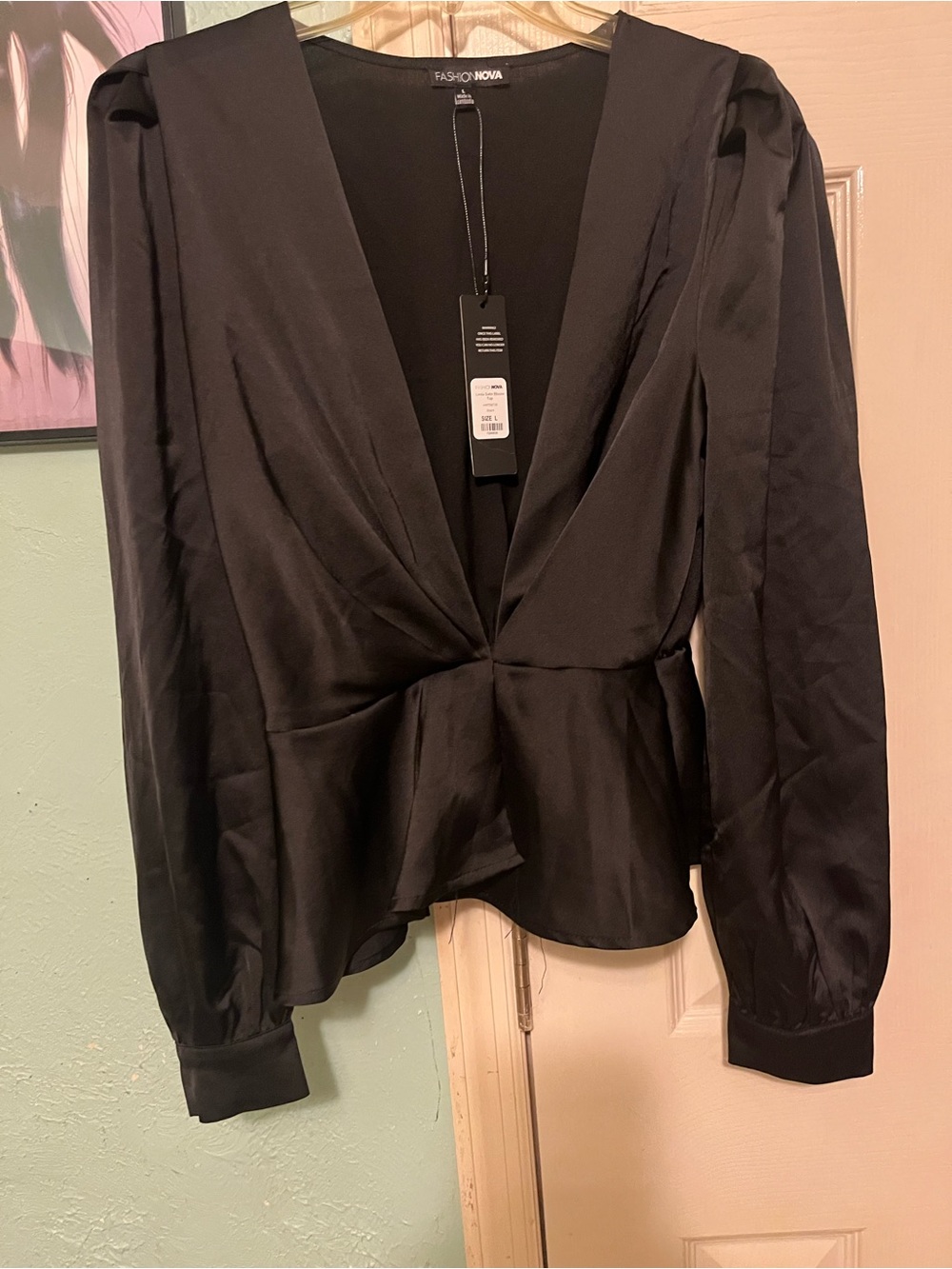 Fashion Nova Black Satin Blouse Top